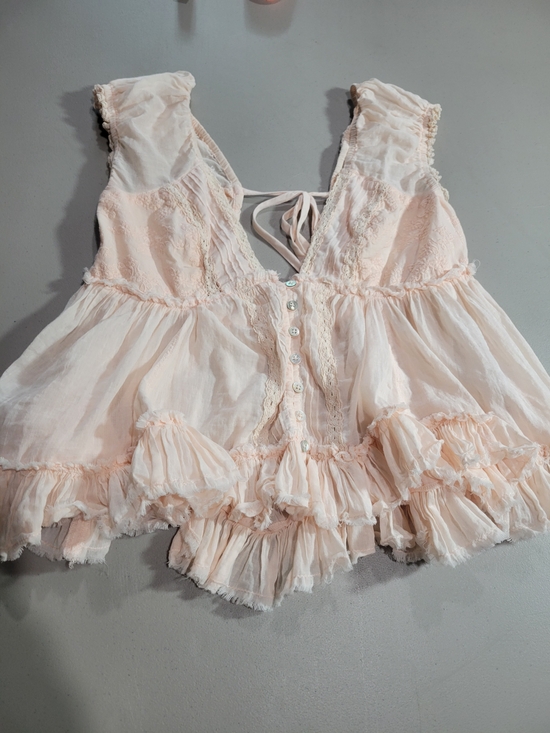 BDG Tops - BDG Peach Lace-Trim Smocked Babydoll Top